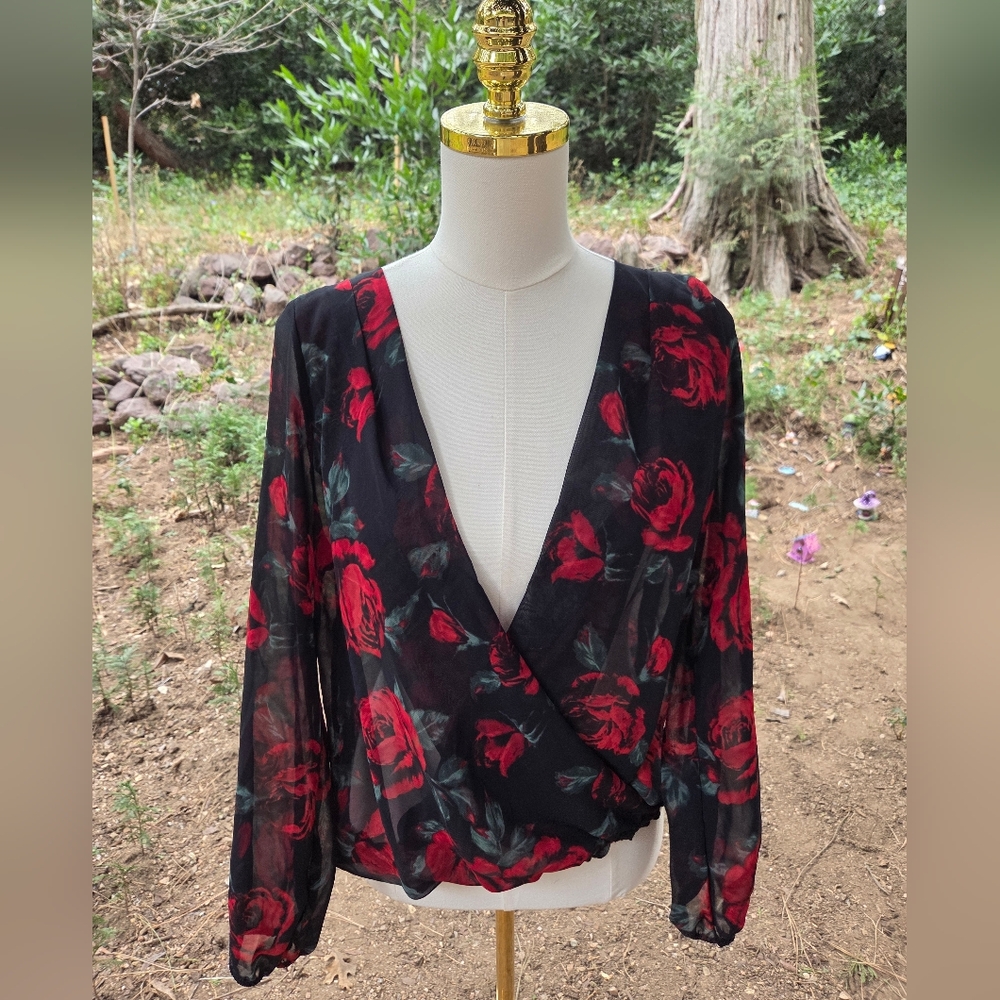 Olive Tree Black Sheer V-Neck‎ Blouse With Red Roses